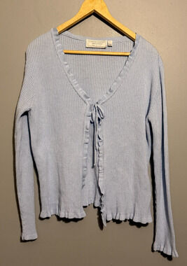 Vintage United States Sweaters Cardigan Womens L Blue Ruffle Tie Front Made USA